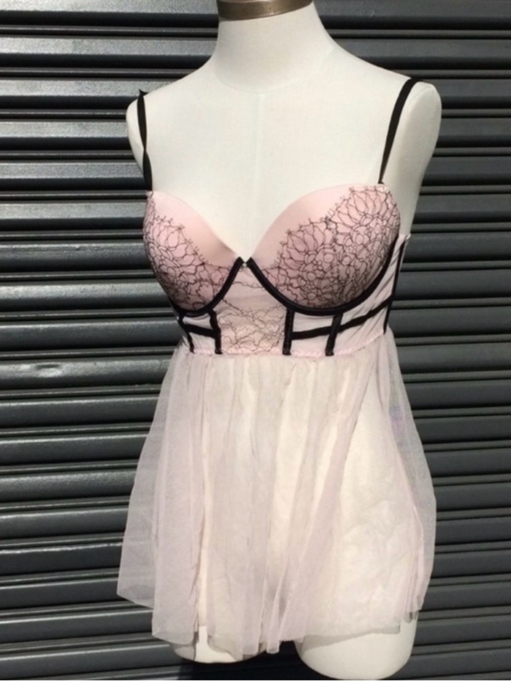 Victoria's Secret Pink and Black Lace-Trim Bustier Chemise